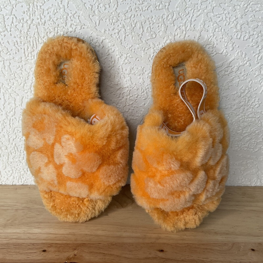 Ugg Kids Girls Size 12 Fluff Yeah Fur‎ Slides Slippers Orange California Poppy